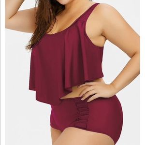Burgundy Plus Size Flounce HighWaist Bottom Bikini